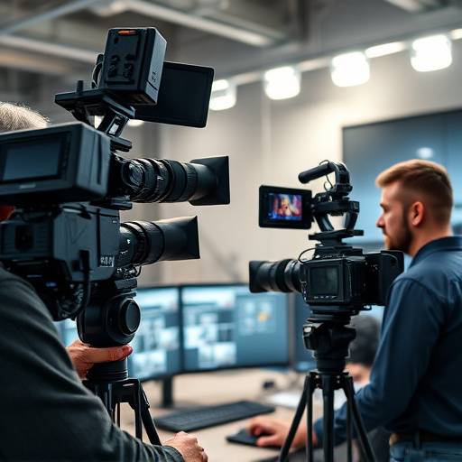 A multi-camera setup for a live streaming event with technicians monitoring the feed.