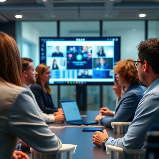 Employees watching a training video on a screen during a corporate training session.